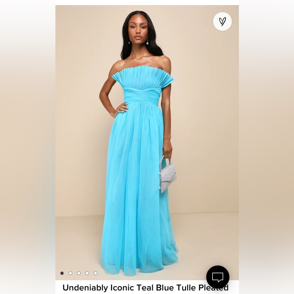 LULUS Undeniably Iconic Teal Blue Tulle Pleated Strapless Maxi Dress